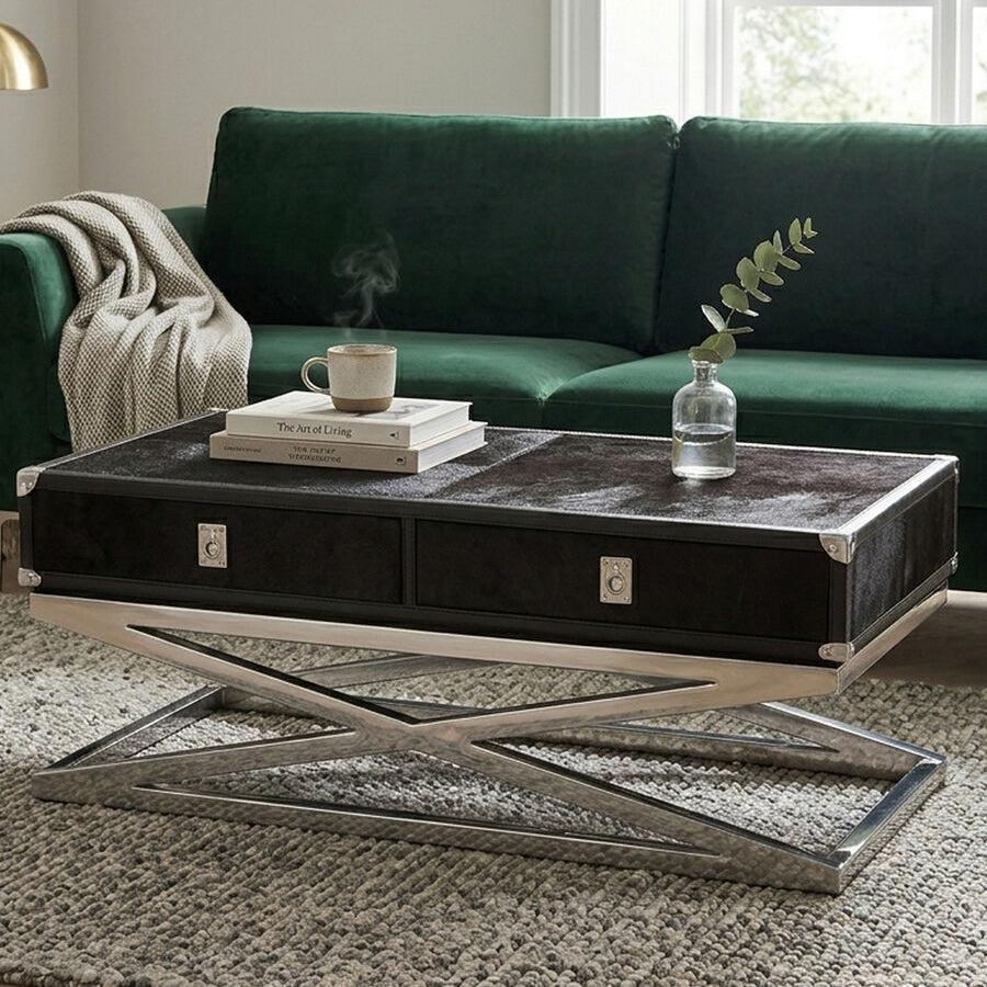Black Hair-On-Hide Wood Top and Silver-Finished Frame Console Table with 2 Drawers | Kensington Townhouse