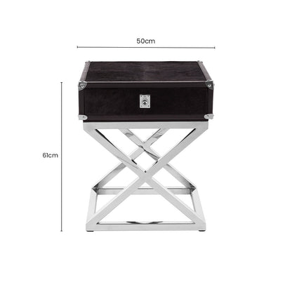Black and Silver Hair-On-Leather Top 1-Drawer Side Table with Stainless Steel Legs | Kensington Townhouse