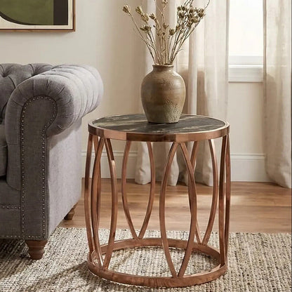 Gold Marble Top Round Side Table with Rose Gold Finish Leaf Base | Tula