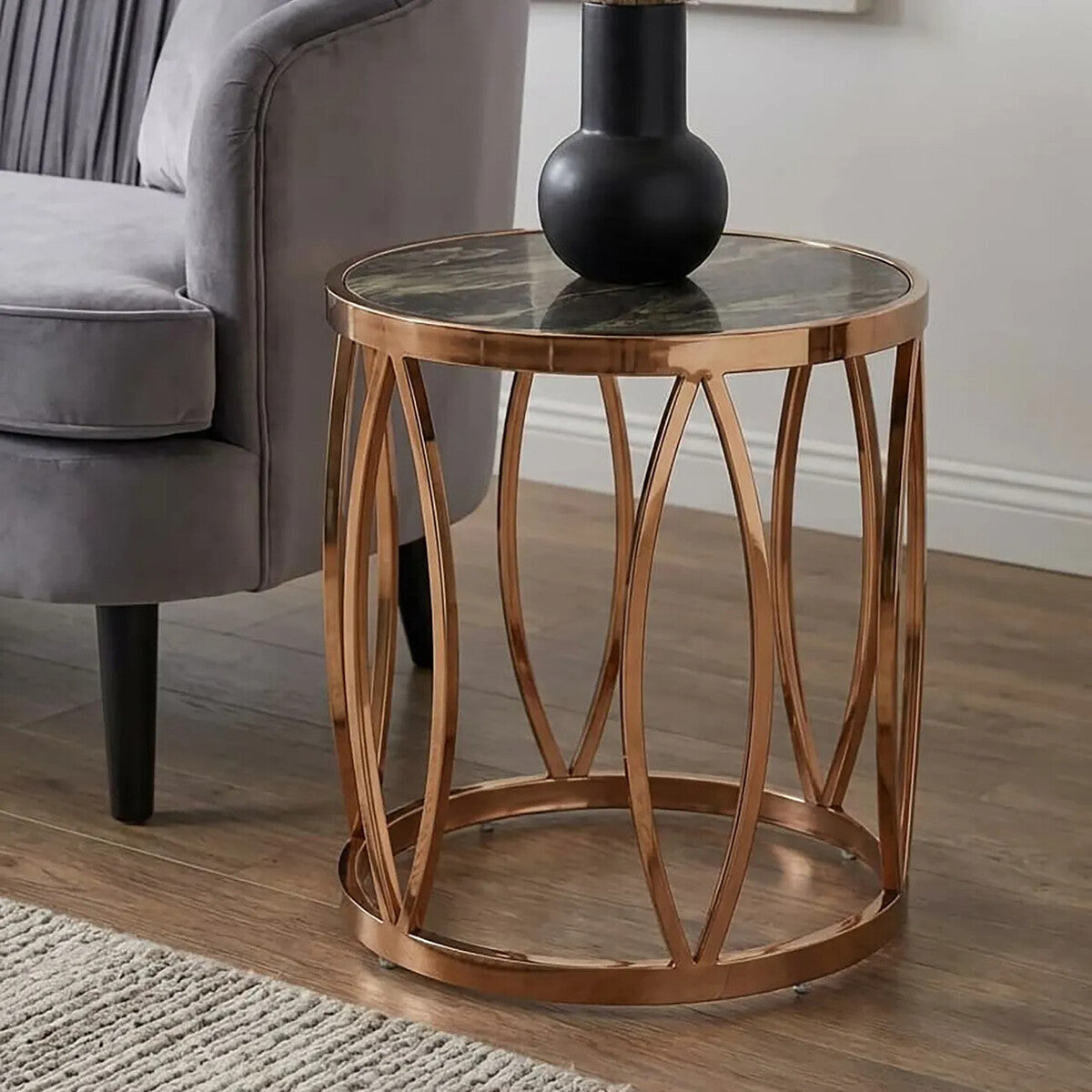 Gold Marble Top Round Side Table with Rose Gold Finish Leaf Base | Tula
