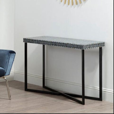 Black Shell Tiles Inlay Top Console Table with Black Metal Base | Bria