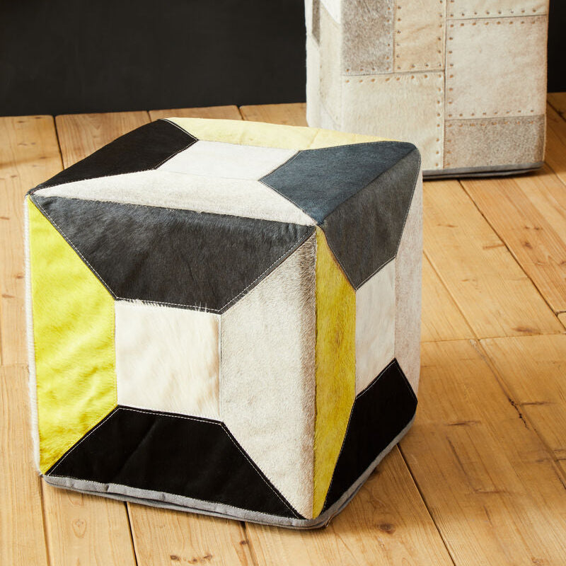 Safira Geometric Design Hair on Leather Pouffe