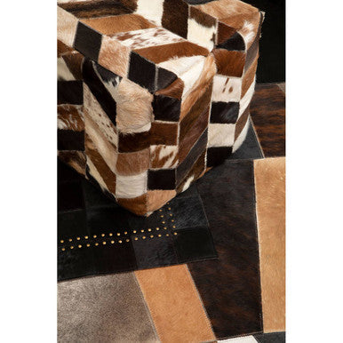 Safira Hair on Leather Pouffe in Geometric Patchwork Design