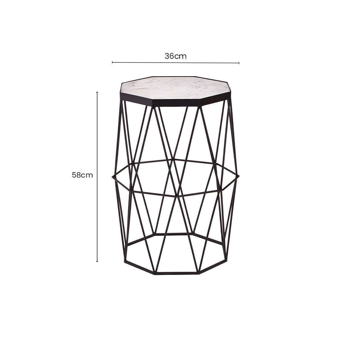 White Marble Top Octagonal Side Table with Black Finish Metal Base | Shalimar