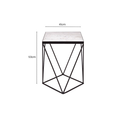 White Marble Top Square Side Table with Black Finish Metal Base | Shalimar