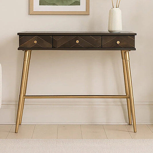 Grey Glass Top 3 Drawer Console Table in Gold Finish Frame | Sagor