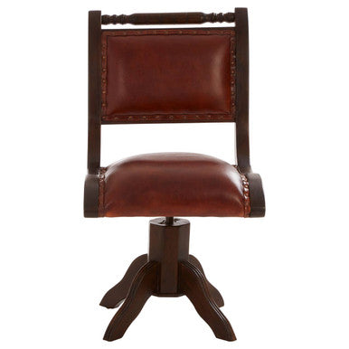 Inca Brown Leather and Teak Wood Swivel Chair