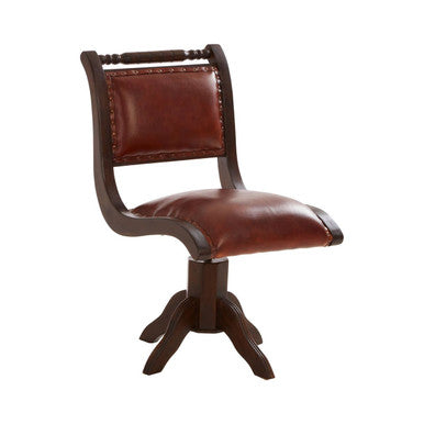 Inca Brown Leather and Teak Wood Swivel Chair