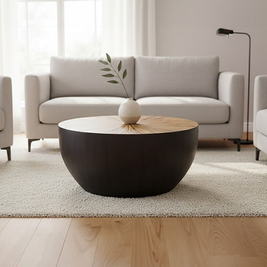 Natural Starburst Patterned Wood Top Round Ebony Small Console Table with Grey Bamboo Base | Gabo