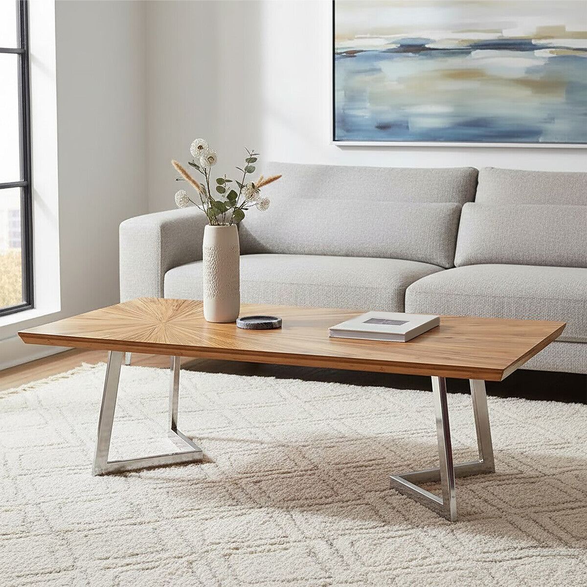 Natural Textured Bamboo Top Coffee Table with Silver Stainless Steel Frame | Gabar