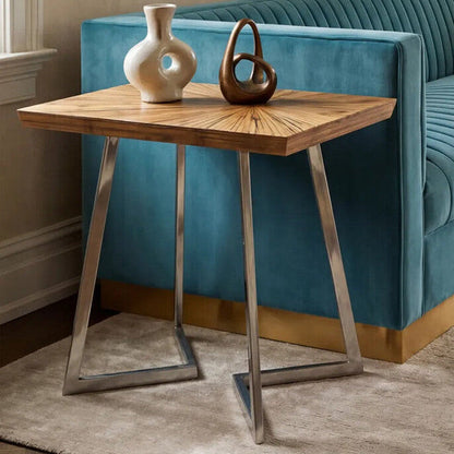 Natural Textured Bamboo Top Side Table with Silver Stainless Steel Frame | Gabar