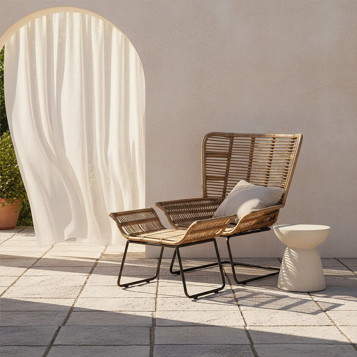 Manado Grey Washed Natural Rattan Lounge Chair and Footstool