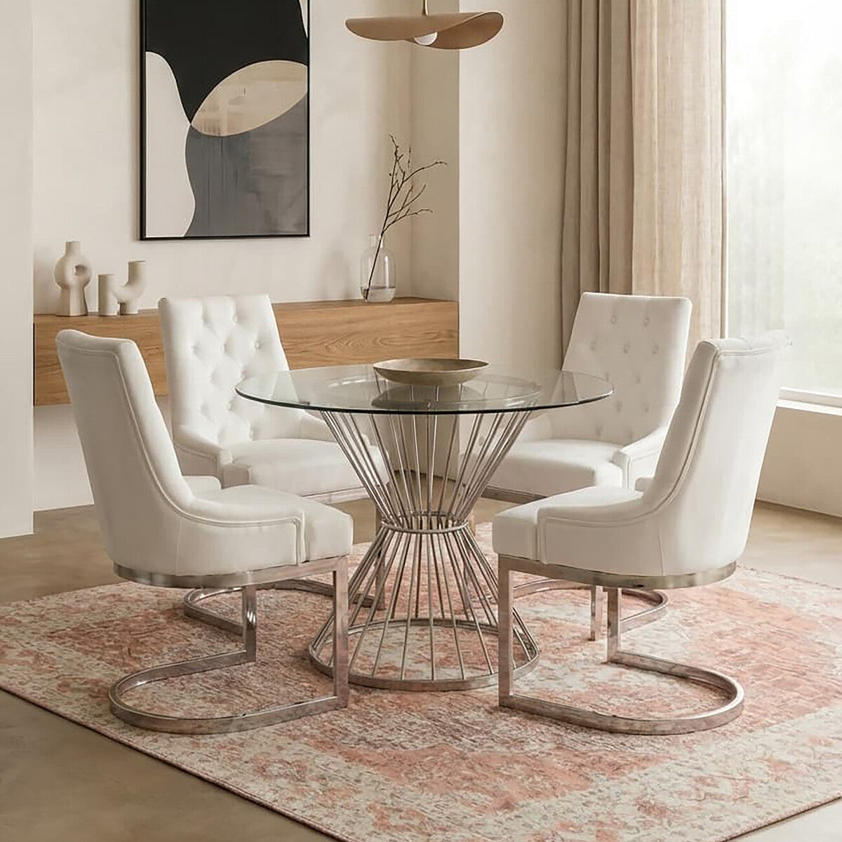 Anzio Hourglass Dining Table with Clear Glass and Silver Base