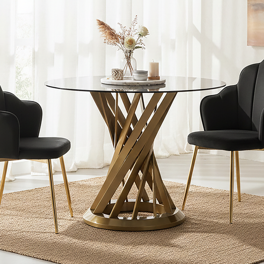 Anzio Black Glass And Gold Hourglass Base Dining Table