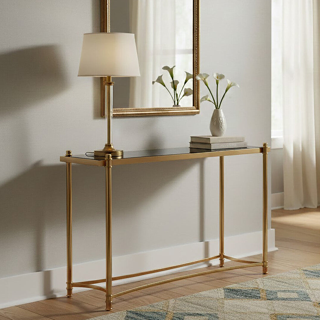 Ackley Gold Metal Console Table with Black Glass Top