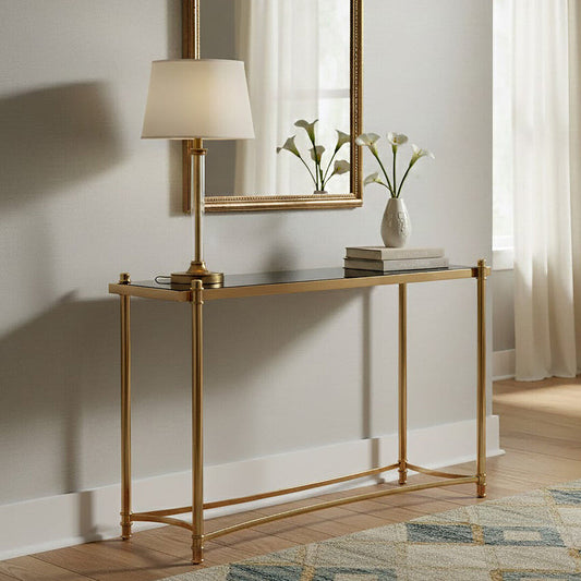 Ackley Gold Metal Console Table with Black Glass Top