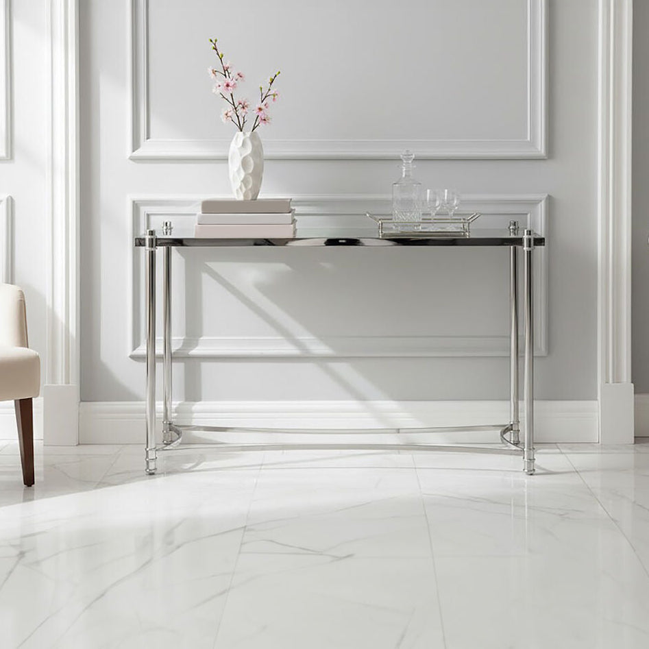 Ackley Silver Metal Console Table with Clear Glass Top