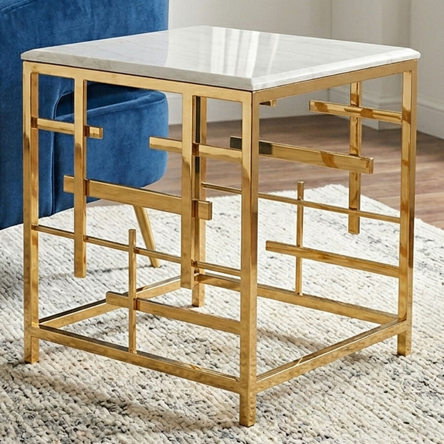 White Marble Top Side Table with Gold Finish Geometric Stainless Steel Base | Aprilia