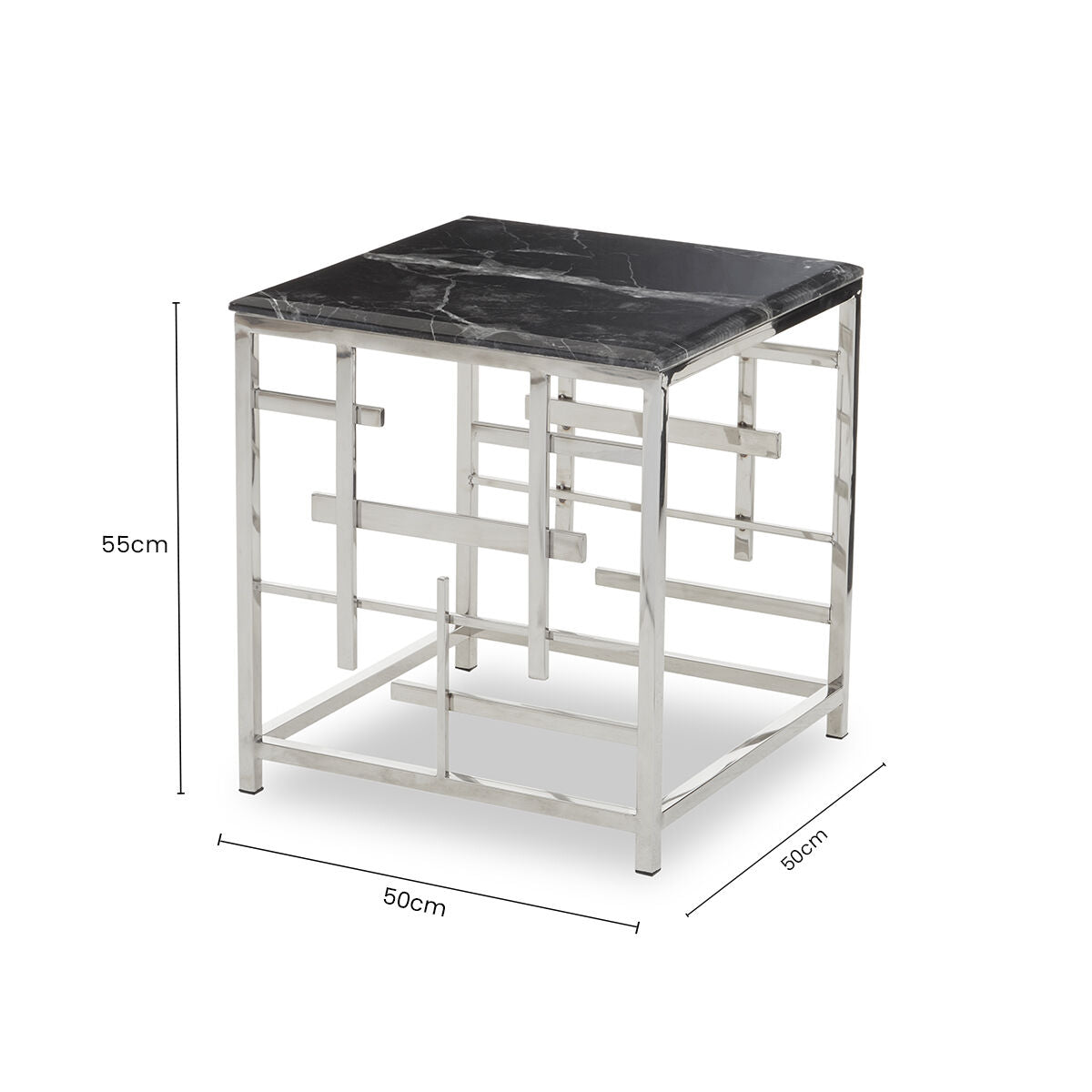 Black Marble Top Side Table with Silver Finish Geometric Stainless Steel Base | Aprilia