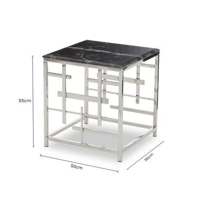 Black Marble Top Side Table with Silver Finish Geometric Stainless Steel Base | Aprilia