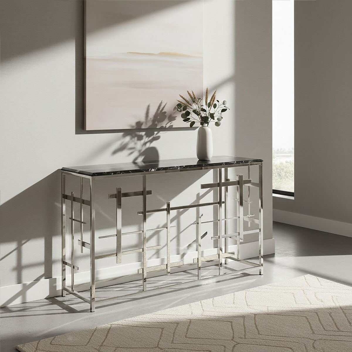 Black Marble Top Console Table with Silver Finish Geometric Stainless Steel Base | Aprilia