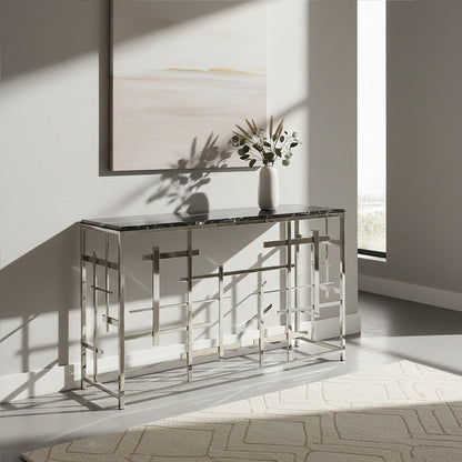Black Marble Top Console Table with Silver Finish Geometric Stainless Steel Base | Aprilia