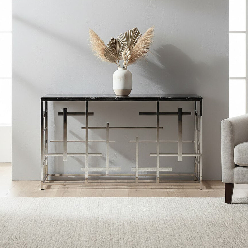 Black Marble Top Console Table with Silver Finish Geometric Stainless Steel Base | Aprilia