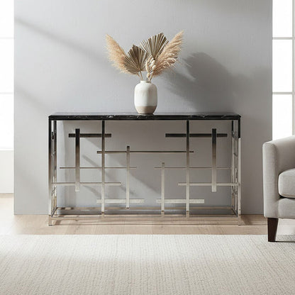 Black Marble Top Console Table with Silver Finish Geometric Stainless Steel Base | Aprilia