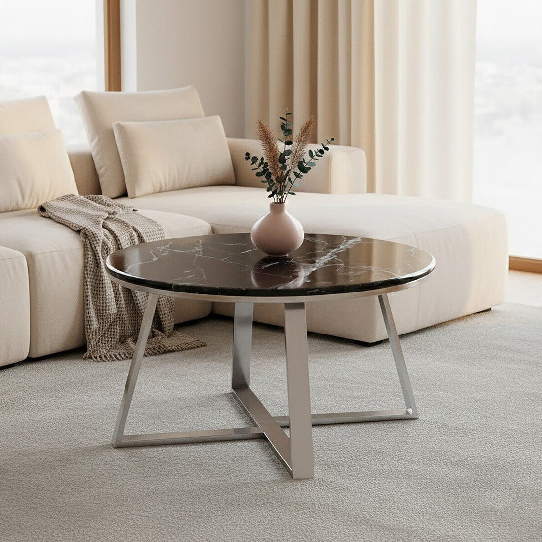 Alvaro Round Coffee Table With Black Marble Top