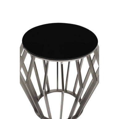 Ackley Silver Round Side Table with Black Glass