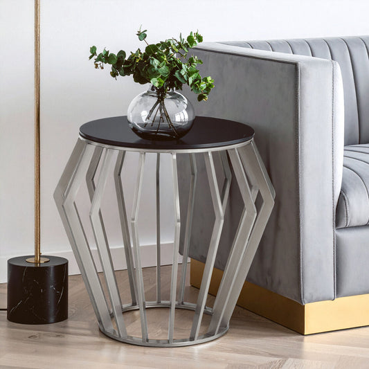 Ackley Silver Round Side Table with Black Glass