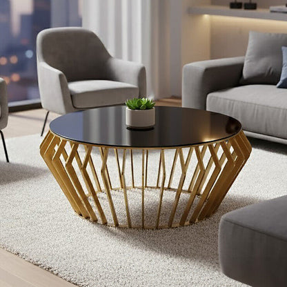 Ackley Gold Round Coffee Table with Black Glass