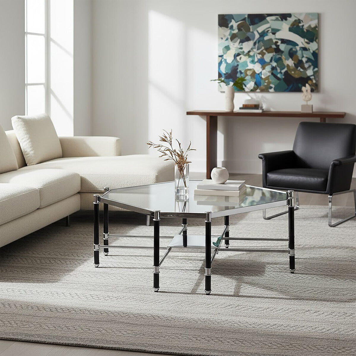 Silver and Black Metal Coffee Table with Clear Tempered Glass Top | Allessi