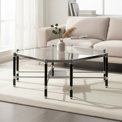 Silver and Black Metal Coffee Table with Clear Tempered Glass Top | Allessi