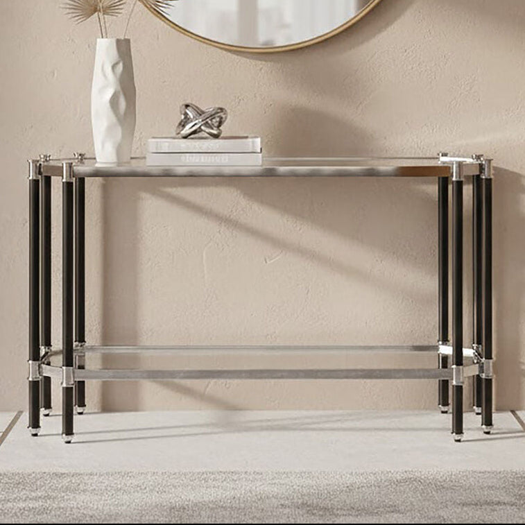 Silver and Black Chrome Finish Console Table with Clear Tempered Glass Top | Allessi