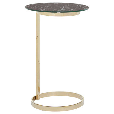 Gold Open Circular Base End Table with Black Marble Effect Glass Top | Oria