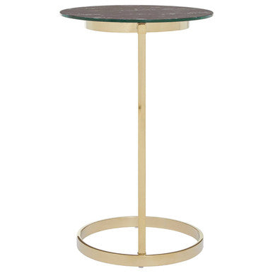 Gold Open Circular Base End Table with Black Marble Effect Glass Top | Oria