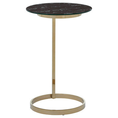 Gold Open Circular Base End Table with Black Marble Effect Glass Top | Oria