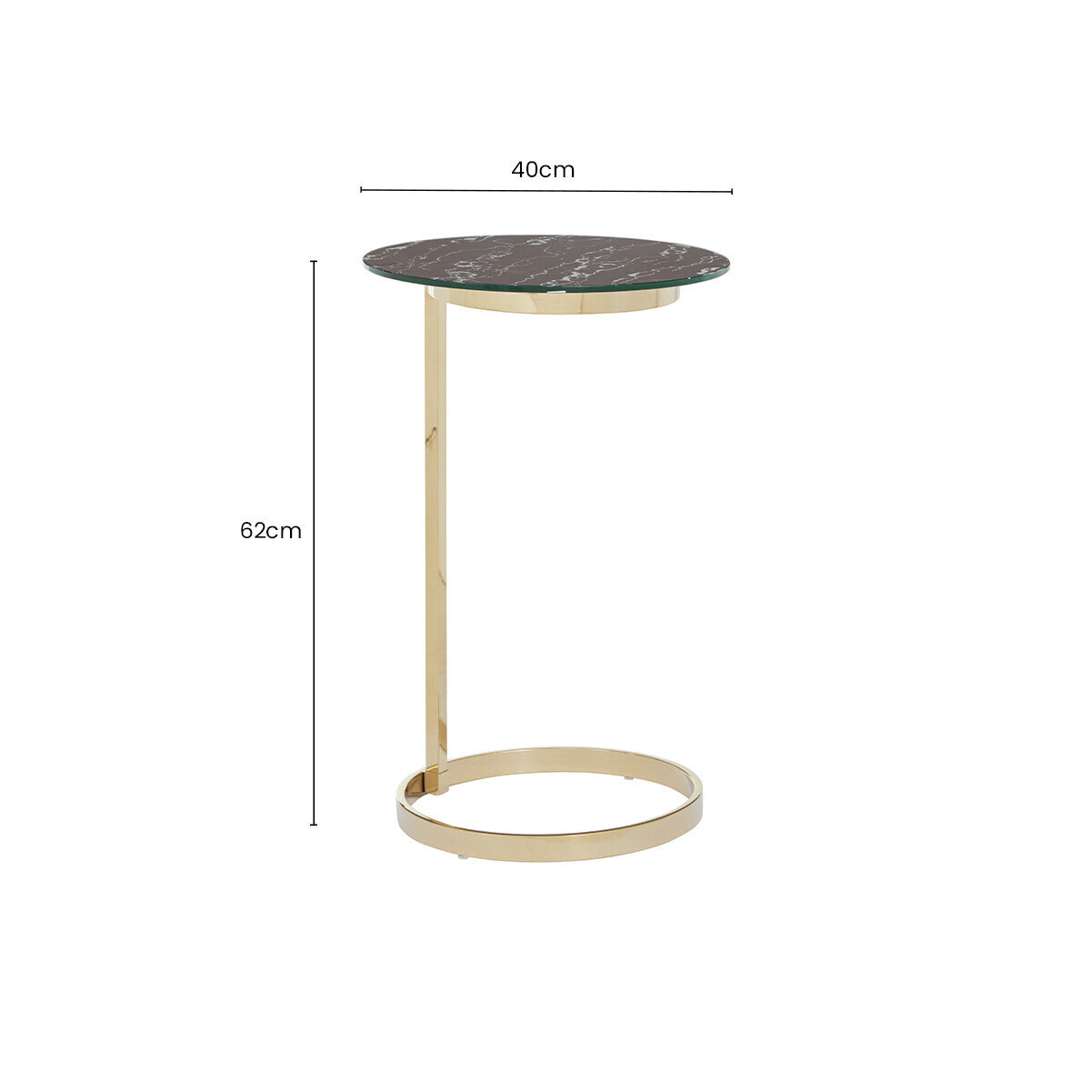 Gold Open Circular Base End Table with Black Marble Effect Glass Top | Oria
