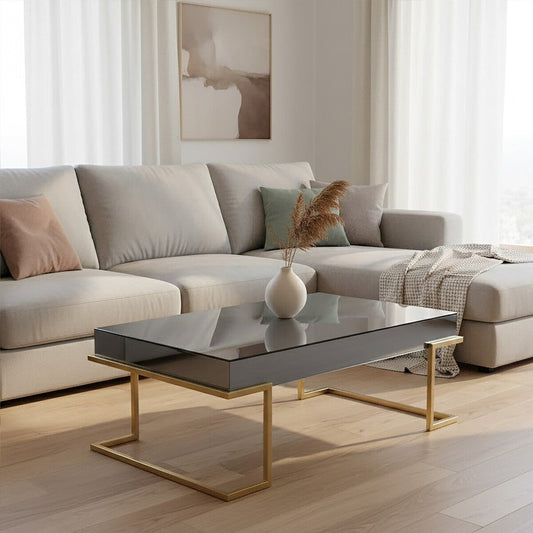 Mirrored Rectangular Coffee Table in Gold and Grey Finish | Kaso