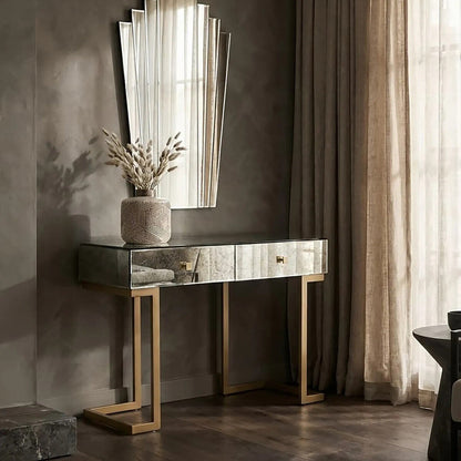 Antique Mirror Console Table with 2 Drawer in Silver Finish | Kesena