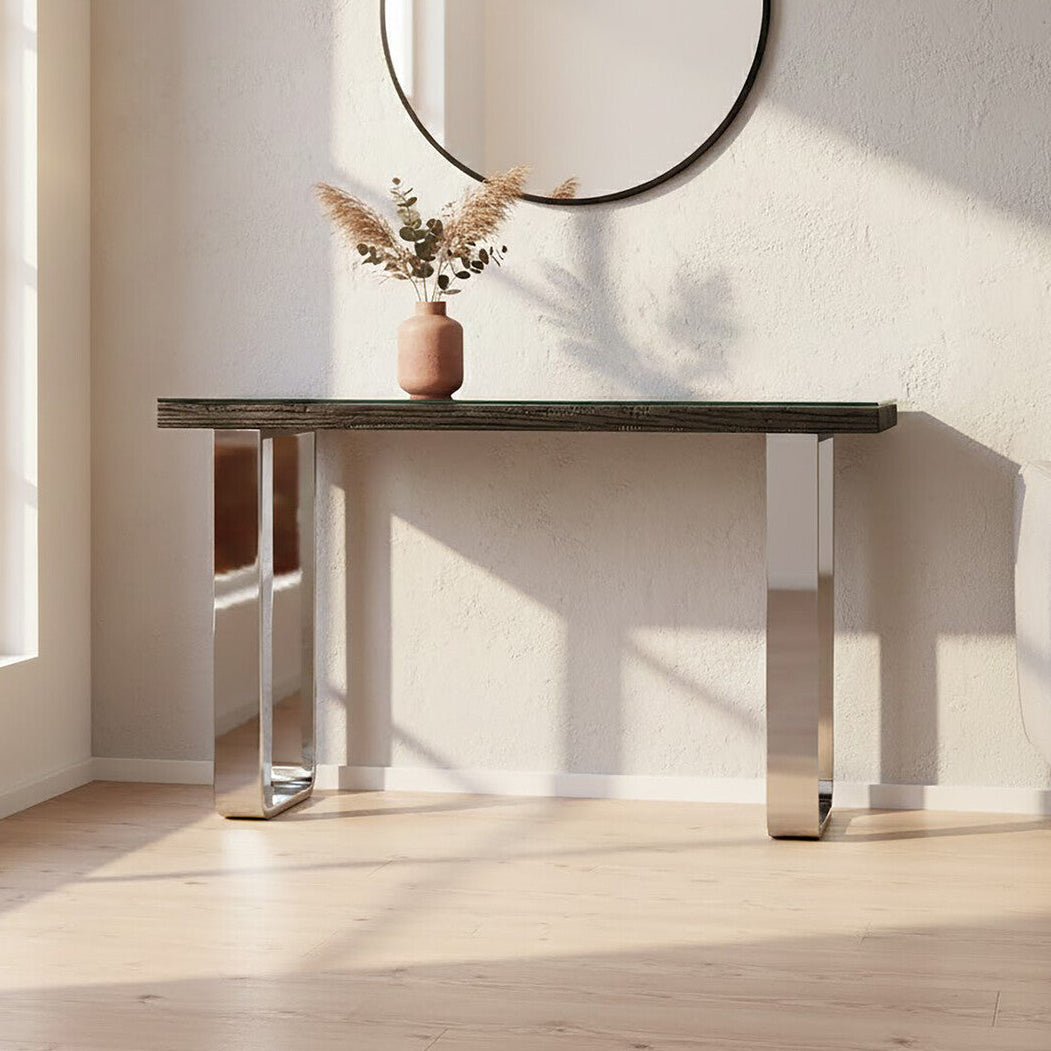 Black Wood and Clear Glass Top Console Table with Silver U-Shaped Metal Legs | Kerala