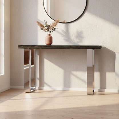 Black Wood and Clear Glass Top Console Table with Silver U-Shaped Metal Legs | Kerala
