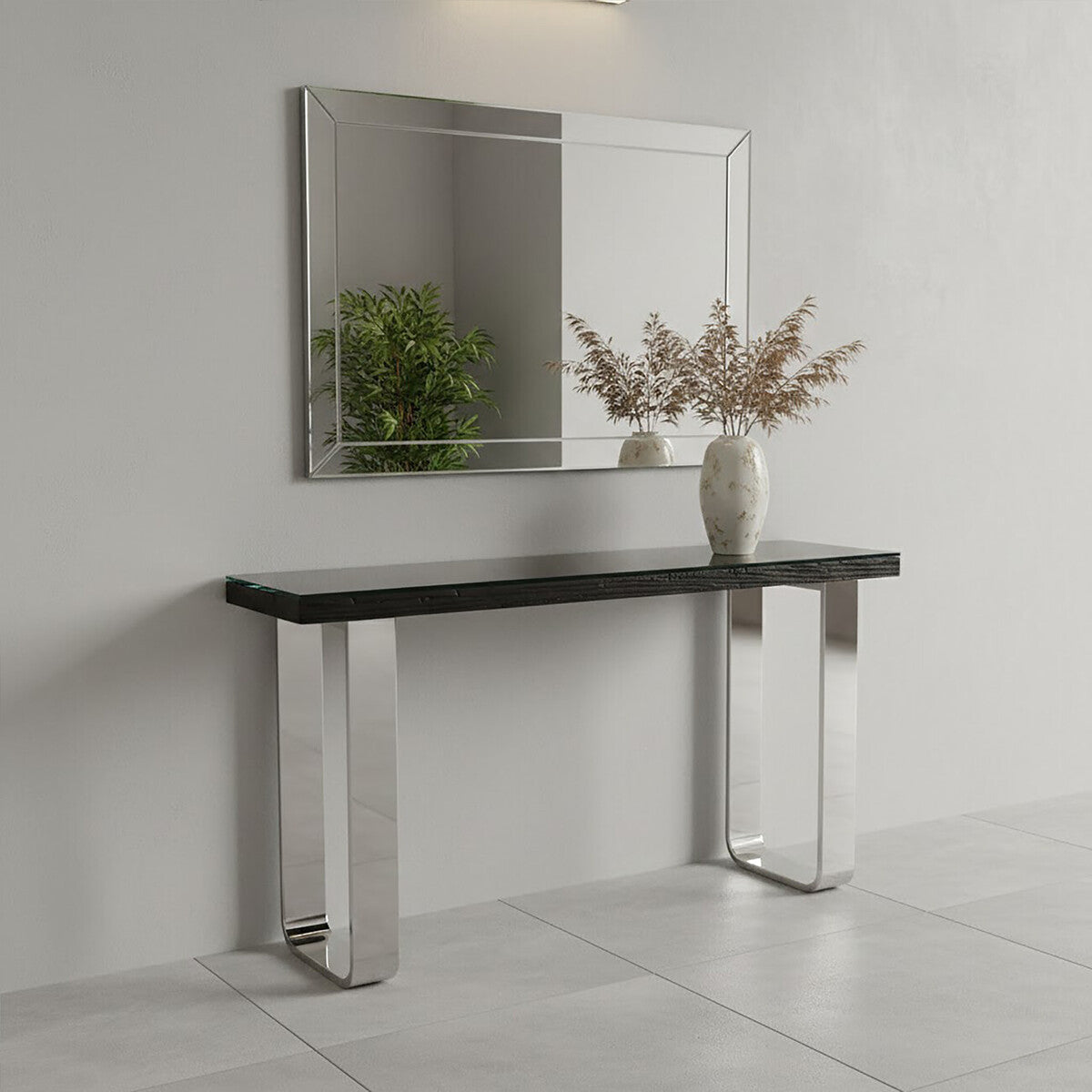 Black Wood and Clear Glass Top Console Table with Silver U-Shaped Metal Legs | Kerala