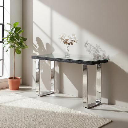 Black Wood and Clear Glass Top Console Table with Silver U-Shaped Metal Legs | Kerala