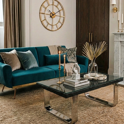 Black Wood and Clear Glass Top Coffee Table with Silver U-Shaped Metal Legs | Kerala
