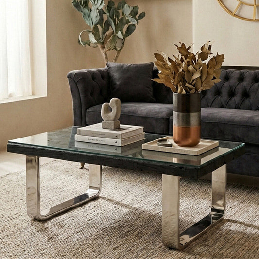 Black Wood and Clear Glass Top Coffee Table with Silver U-Shaped Metal Legs | Kerala