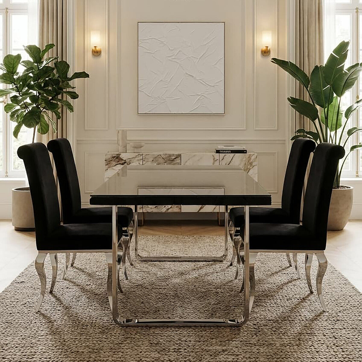 Large Black Pinewood and Clear Glass Top Dining Table with Silver U-Shaped Metal Legs | Kerala