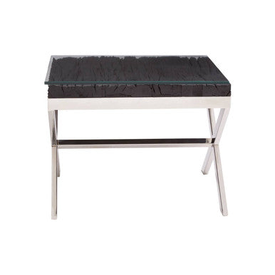 Square Black Wood and Clear Glass Top End Table with Silver Cross Base | Kerala