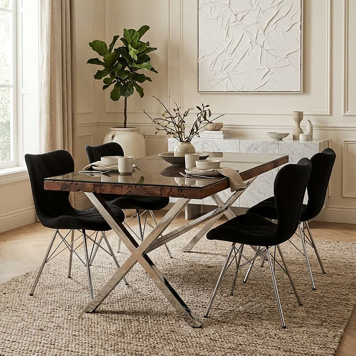 Square Natural Wood and Clear Glass Top Dining Table with Grey Cross Base | Kerala